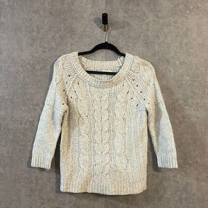 Loft Cotton Wool Tan Cream Eyelet Cableknit Crewneck Sweater 3/4 Bracelet Sleeve